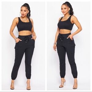 NEW BLACK SOLID JOGGING PANTS AND CROP TOP SET